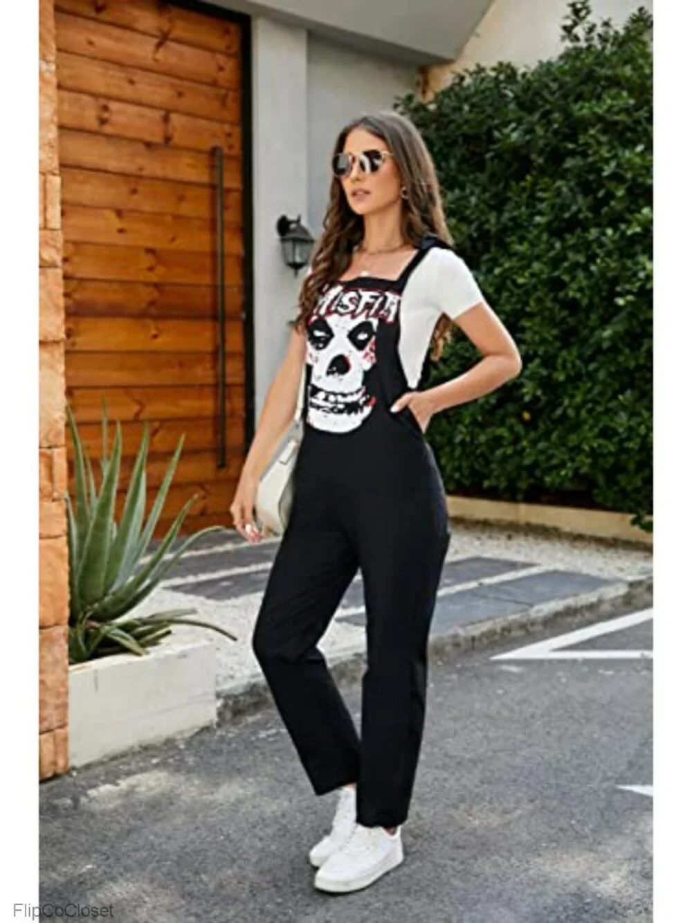 Women's Loose Skull Printed Overalls Jumpsuit with Pockets